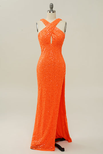 Naranja Halter Lentejuelas Sin Espalda Vestido de Fiesta